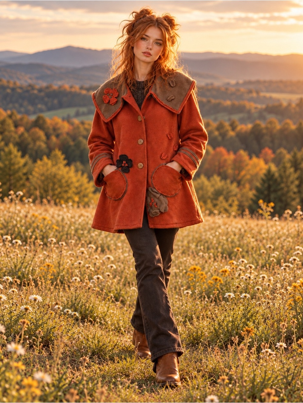 Jacques Ruc Vintage Rust Red Applique Coat Contrast Collar US 8